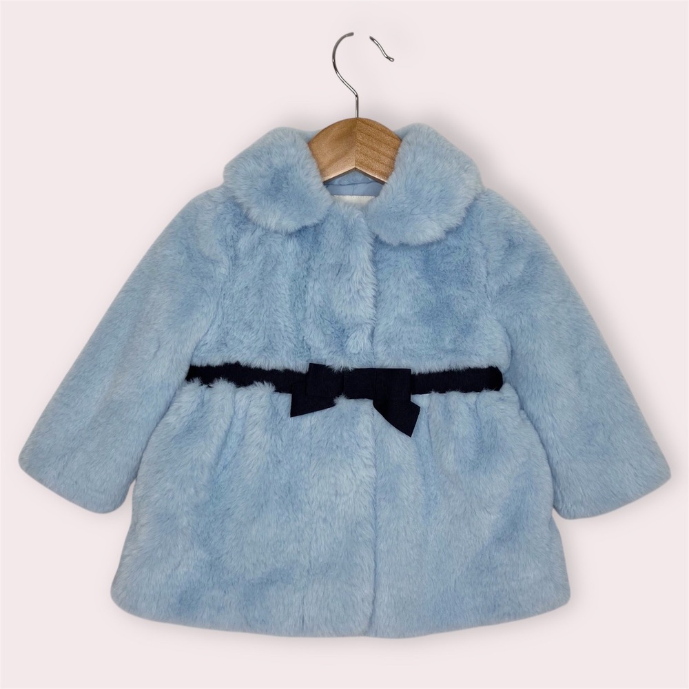 Janie and Jack Faux Fur Coat Ice Blue‎ w/ Navy Bow Dressy Outerwear 12-18 months